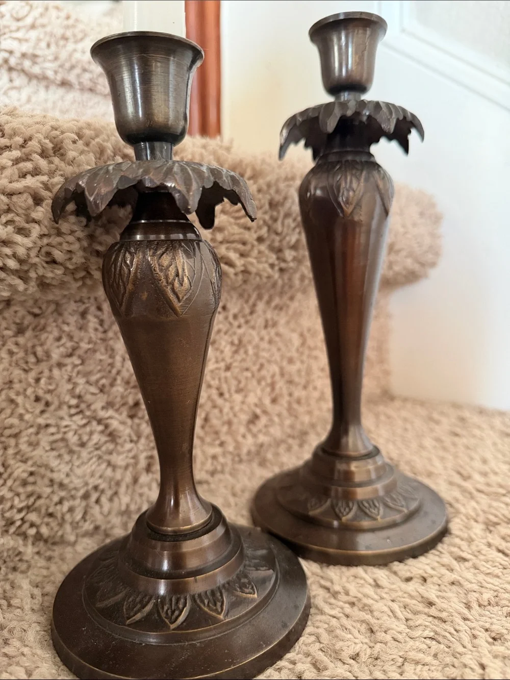 Antique-Style Bronze Candlestick Pair - Brown Decorative Home Accent